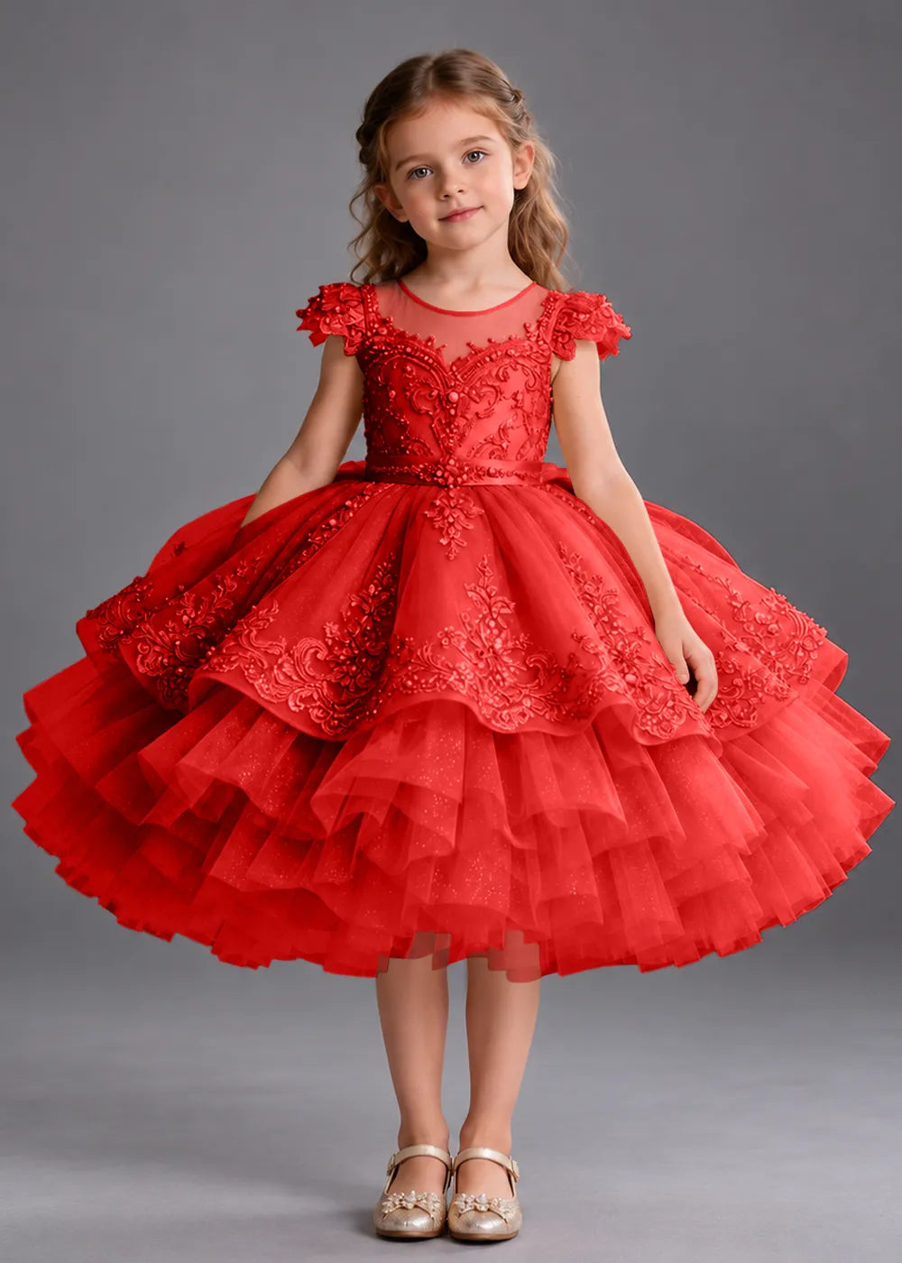 Navy Blue Flower Girl Dress with Beaded Lace and Short Ruffle Skirt