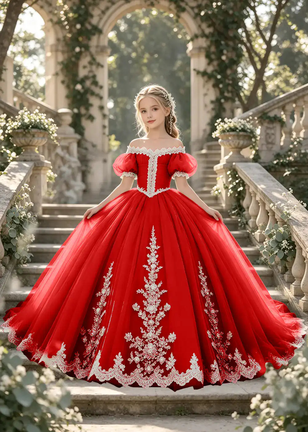 Flower girl dress in Red, front view.