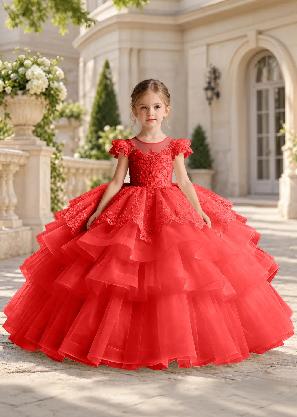 Dusty Blue Lace-Cap Flower Girl Dress with Cascading Skirt