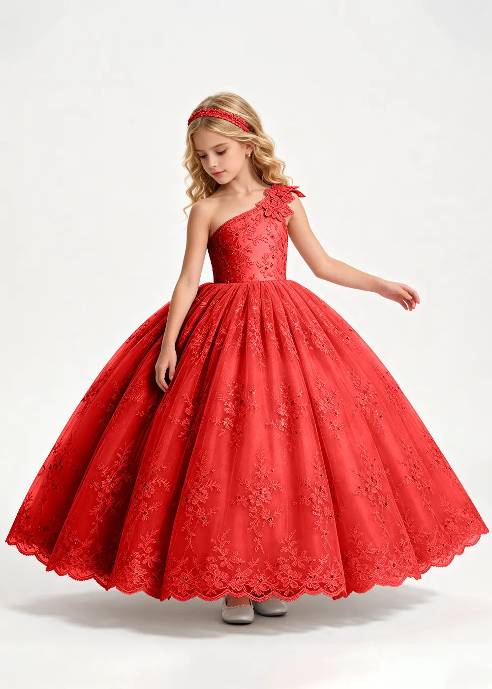 Navy One-Shoulder Flower Girl Gown with Scalloped Lace