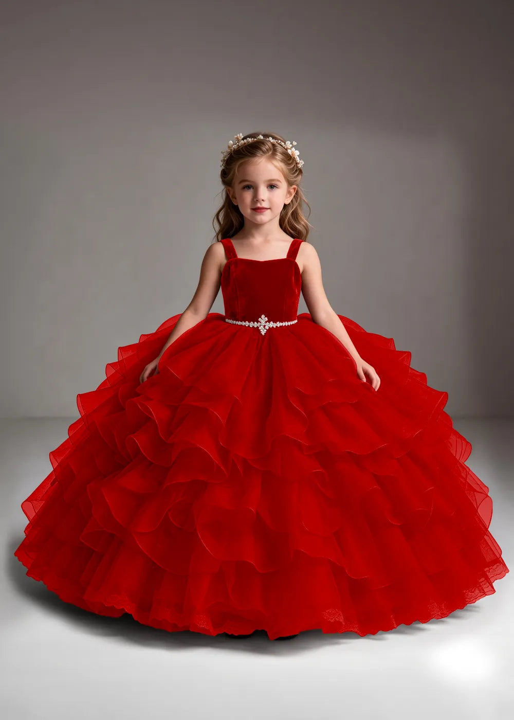 Burgundy Flower Girl Dress with Cascading Ruffles and Jeweled Waist