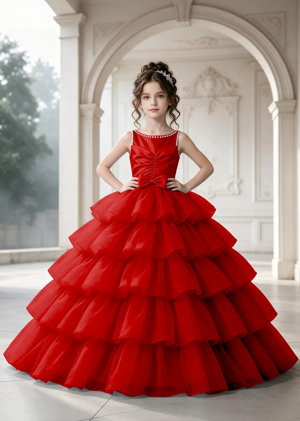 Flower girl dress in Red, front view.