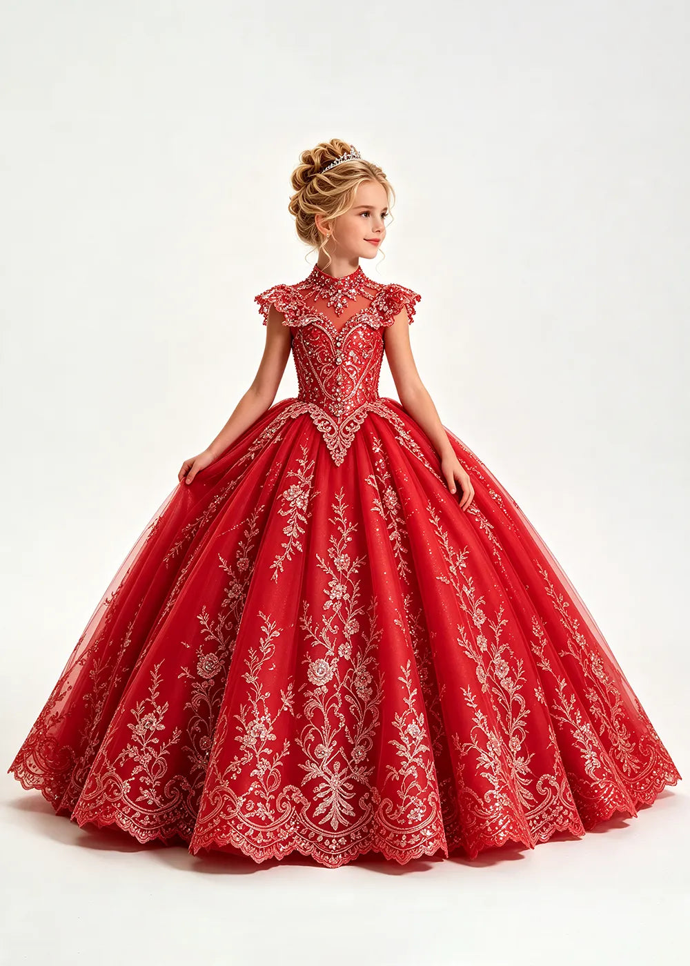 Navy Flower Girl Ball Gown with High Floral Collar