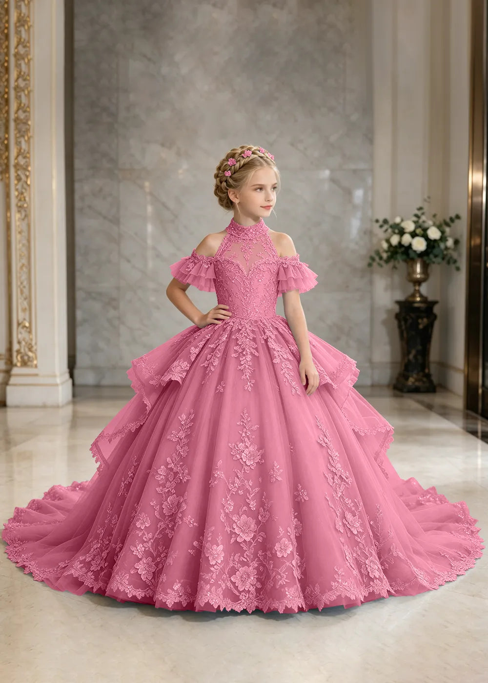 Illusion Neck Peplum Lace Flower Girl Ball Gown Dress