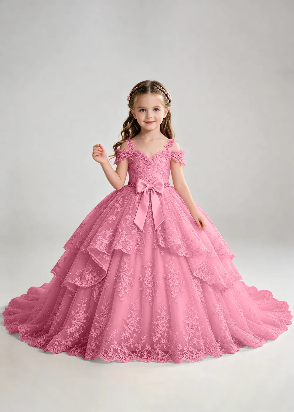 Bow Waist Floral Lace Flower Girl Ball Gown Dress