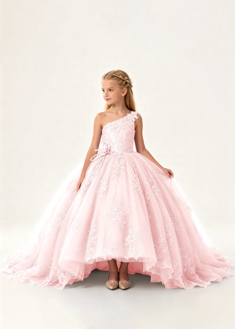 One-Shoulder High-Low Lace Flower Girl Ball Gown Dress