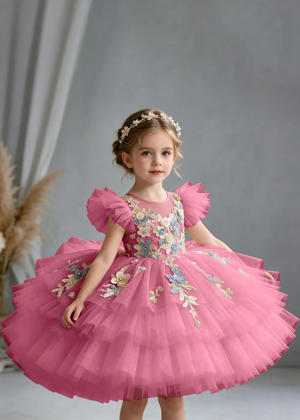 Flower girl dress in Rose Pink, front view.