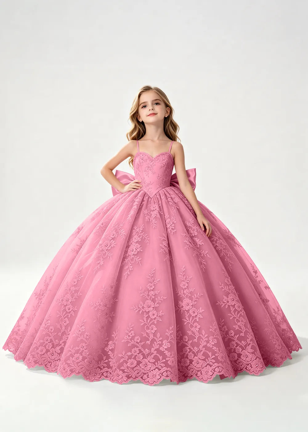 Flower girl dress in Rose Pink, front view.