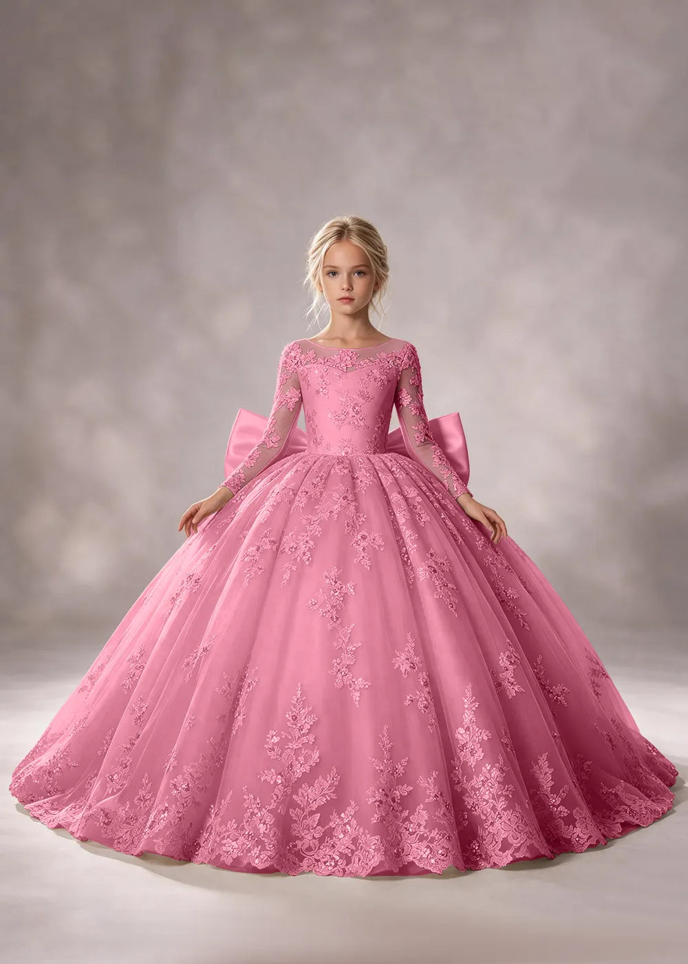 Flower girl dress in Rose Pink, front view.