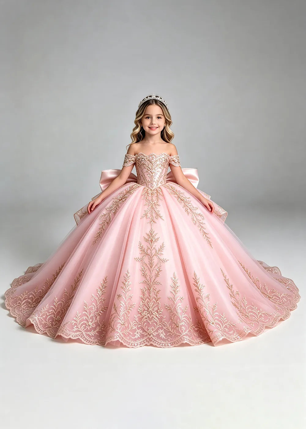 Off-Shoulder Lace Flower Girl Dress with Bow and Scalloped Hem
