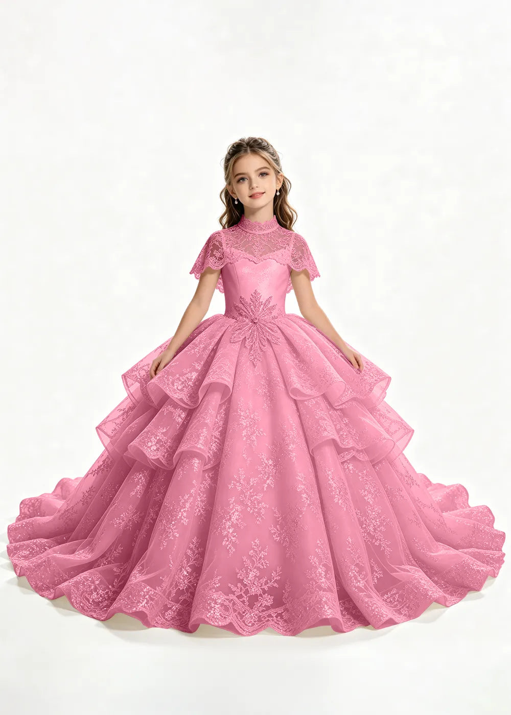 Flower girl dress in Rose Pink, front view.