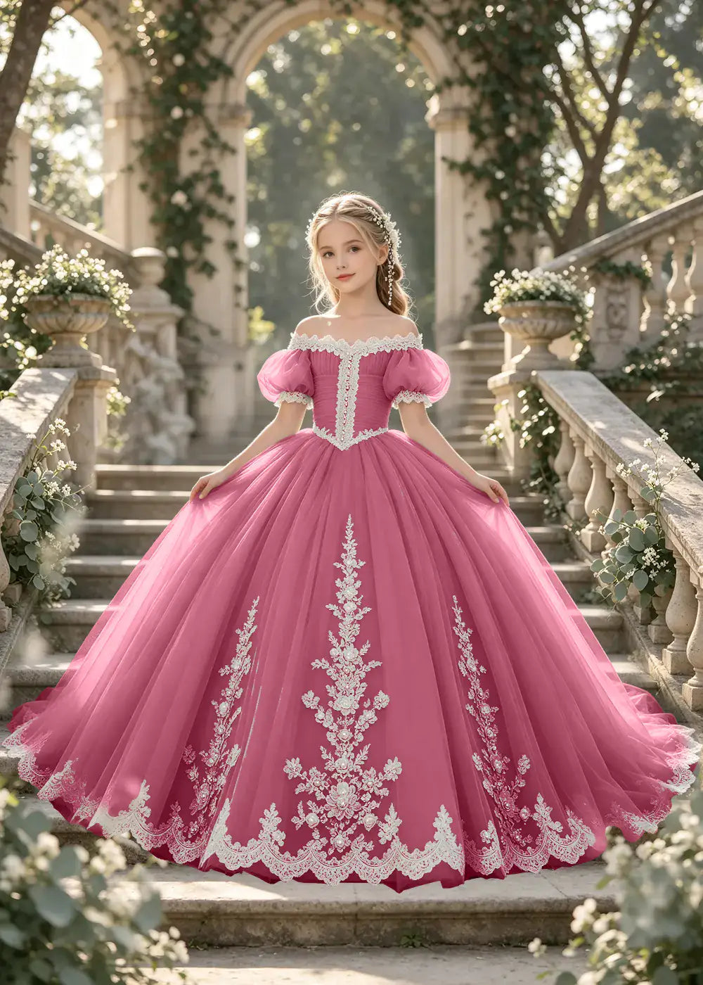 Flower girl dress in Rose Pink, front view.