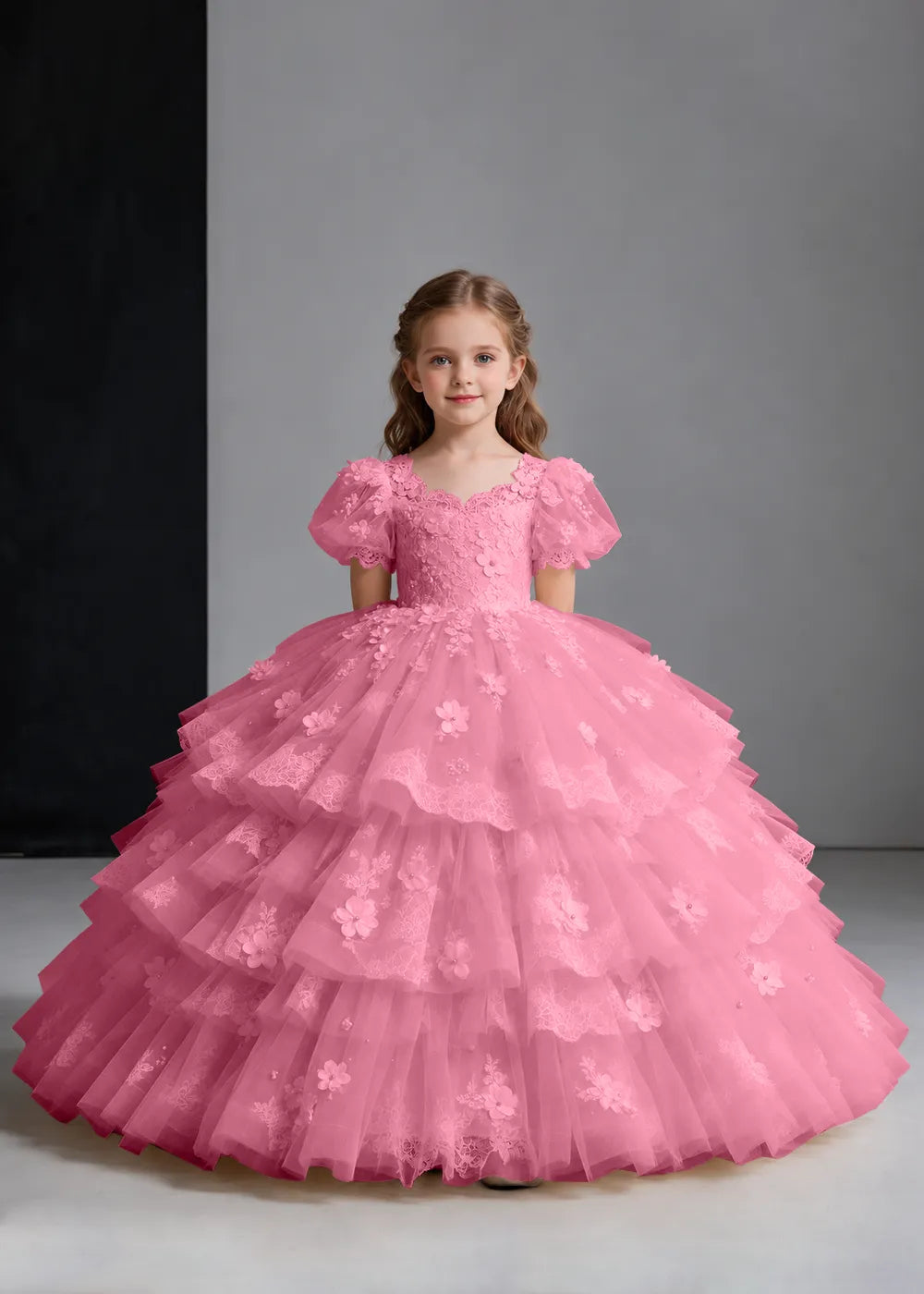 Flower girl dress in Rose Pink, front view.