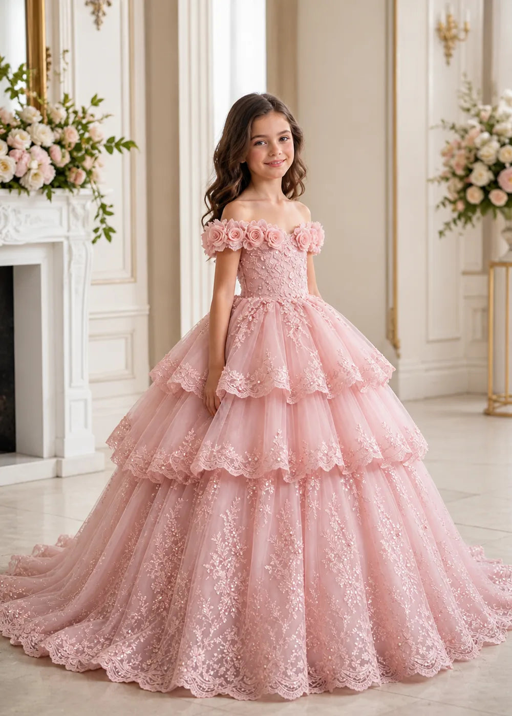 Off Shoulder Tiered Lace Flower Girl Ball Gown Dress