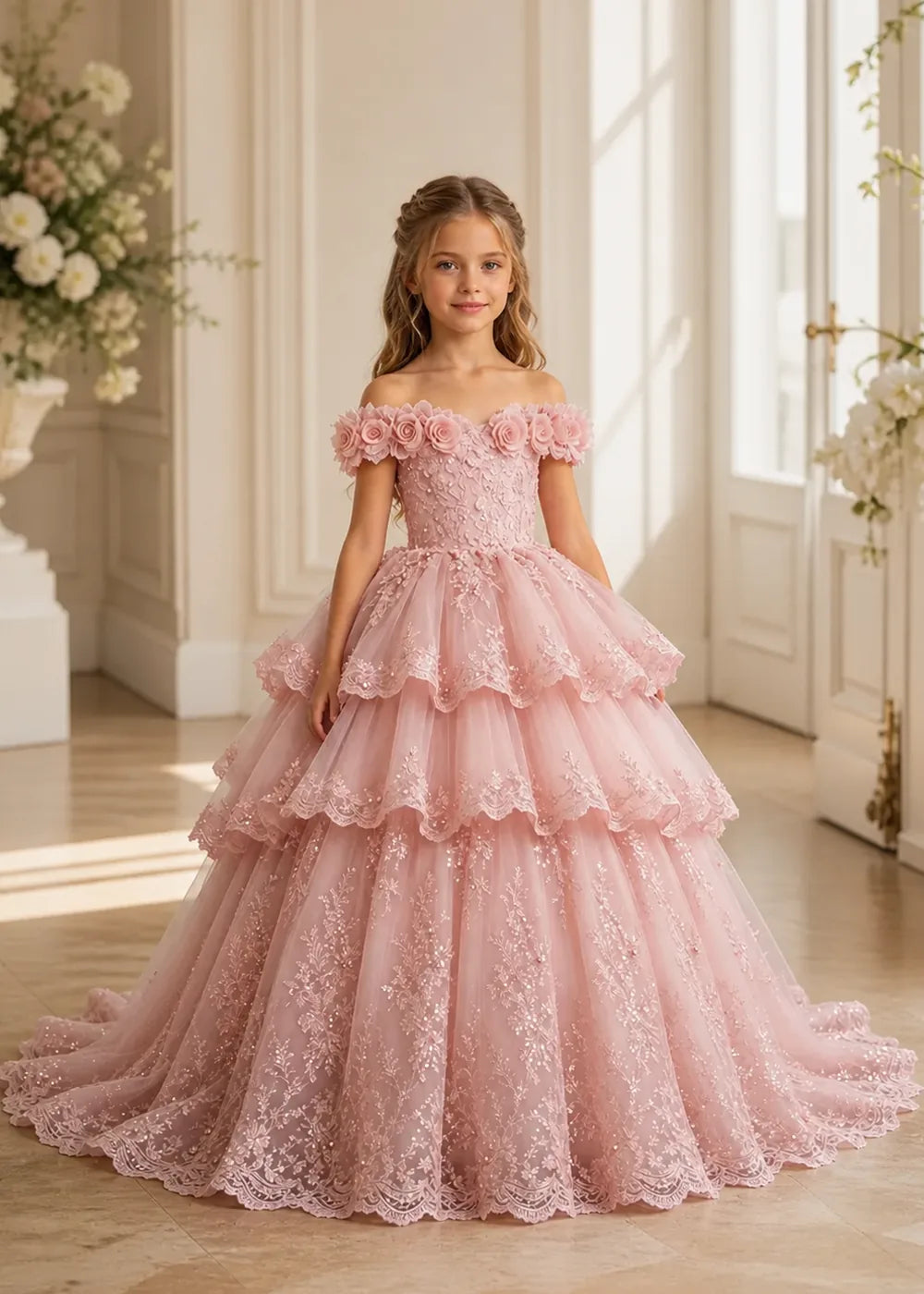 Off Shoulder Tiered Lace Flower Girl Ball Gown Dress
