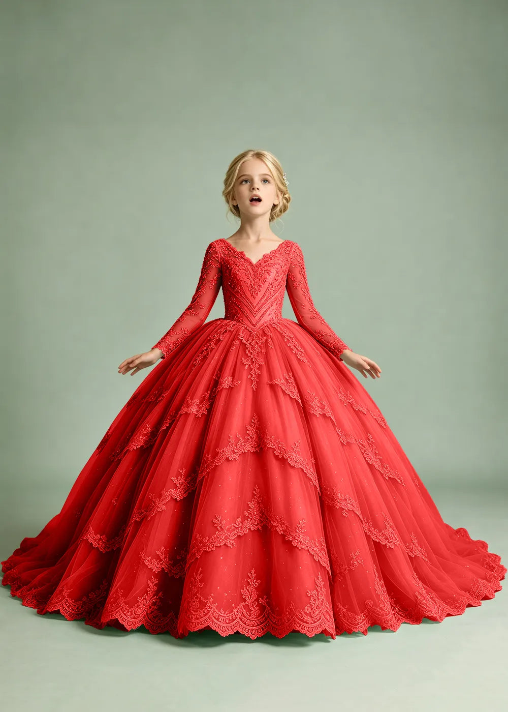 Long Sleeve Floral Lace Princess Dress for Girls