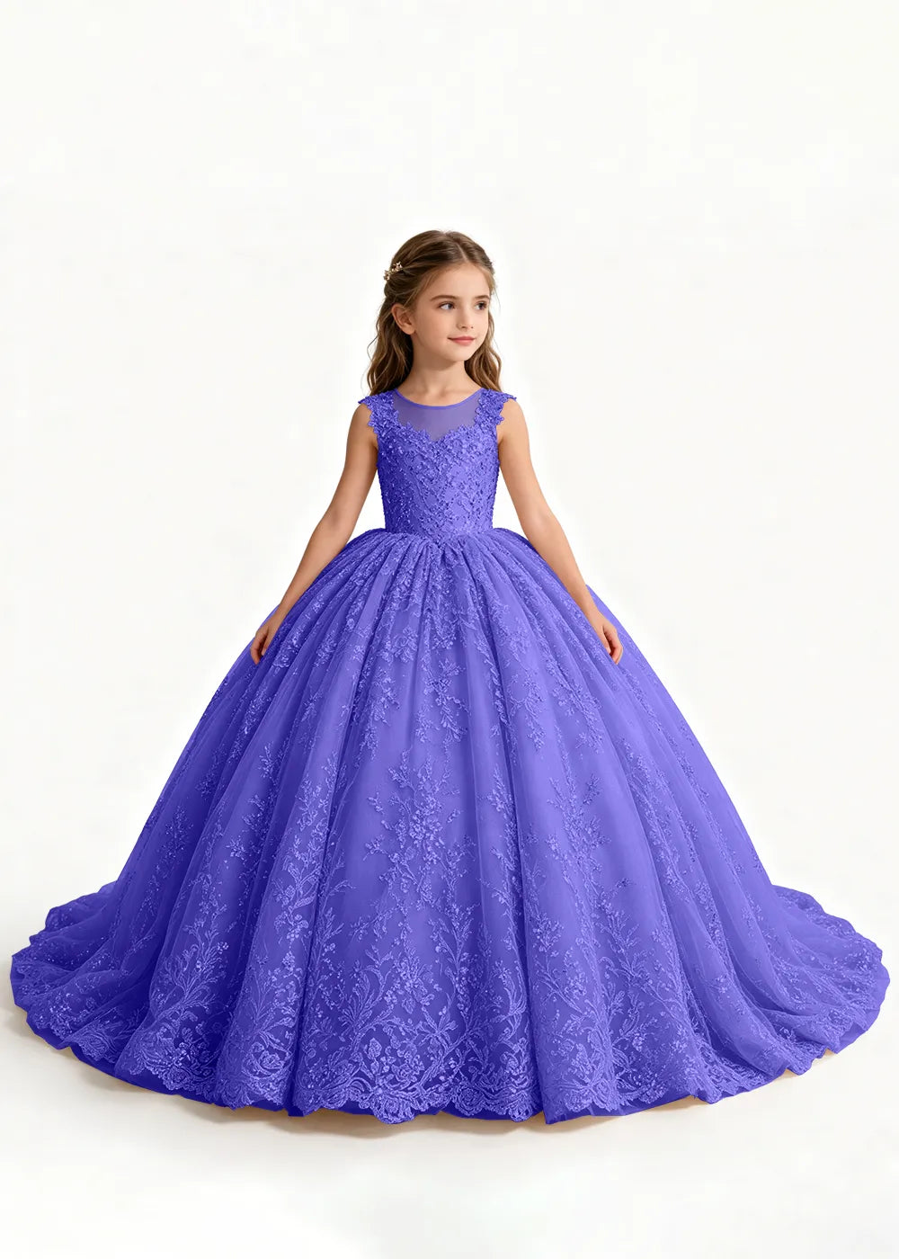 Navy Sleeveless Flower Girl Gown with Scalloped Train