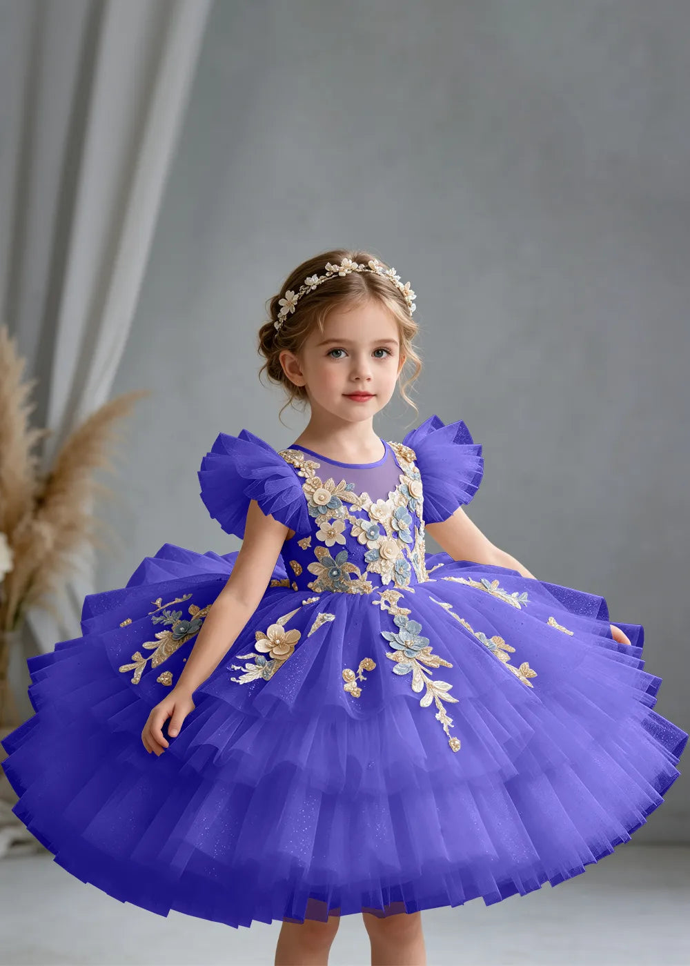 Flower girl dress in Royal Blue, front view.