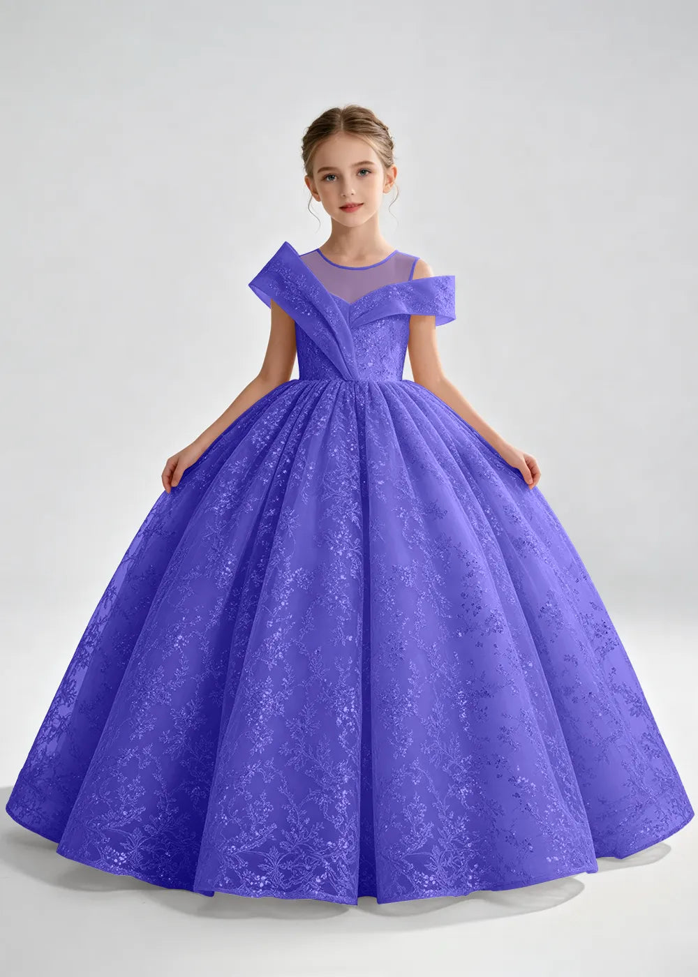Navy Blue Illusion-Band Floral Flower Girl Dress