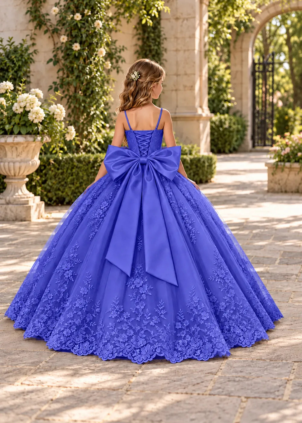 Flower girl dress in Royal Blue, back view.