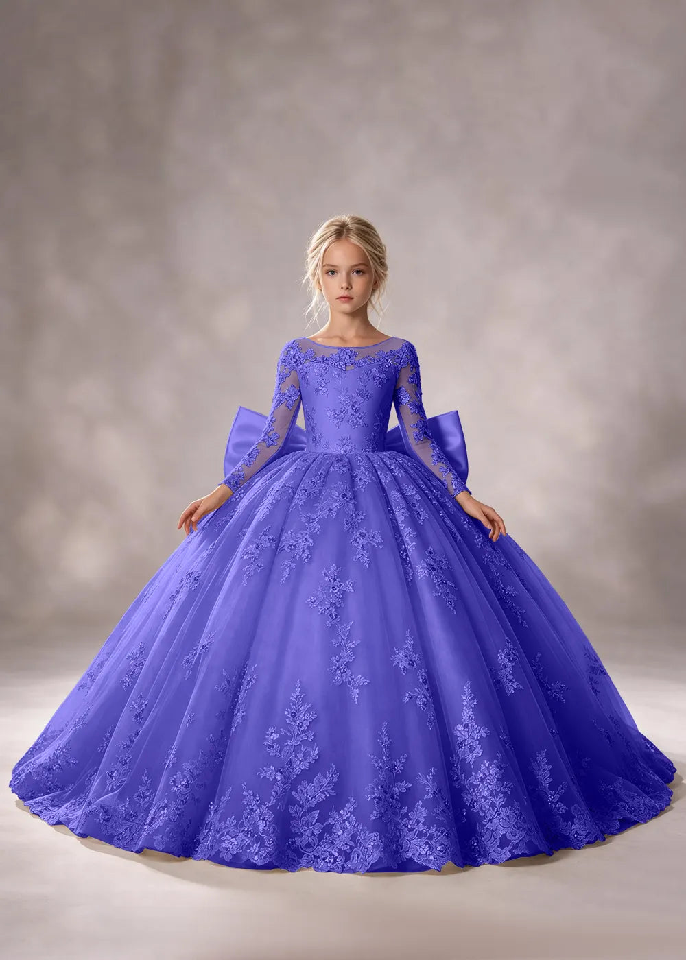 Flower girl dress in Royal Blue, front view.