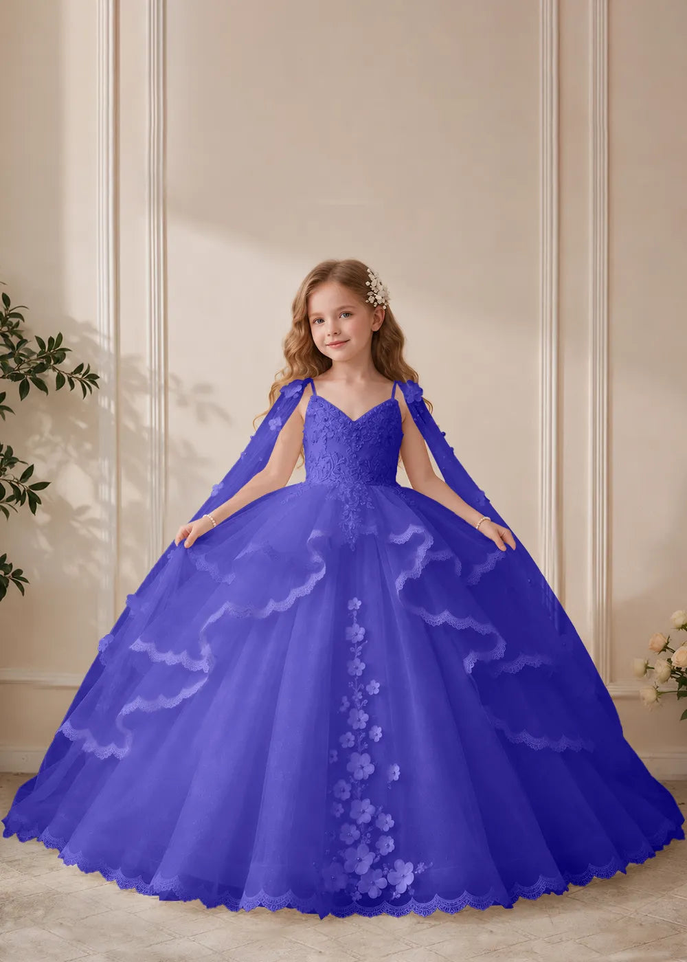 Dusty Rose Flower Girl Dress with Floral Lace and Shoulder Drapes