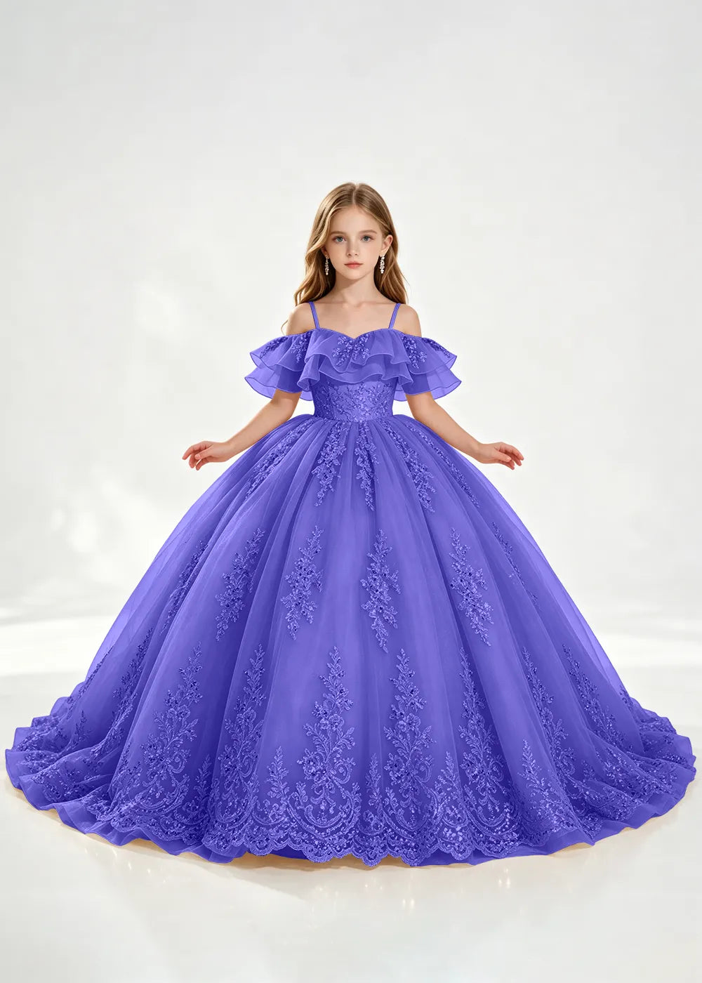 Slate Blue Off-Shoulder Lace-Hem Flower Girl Dress