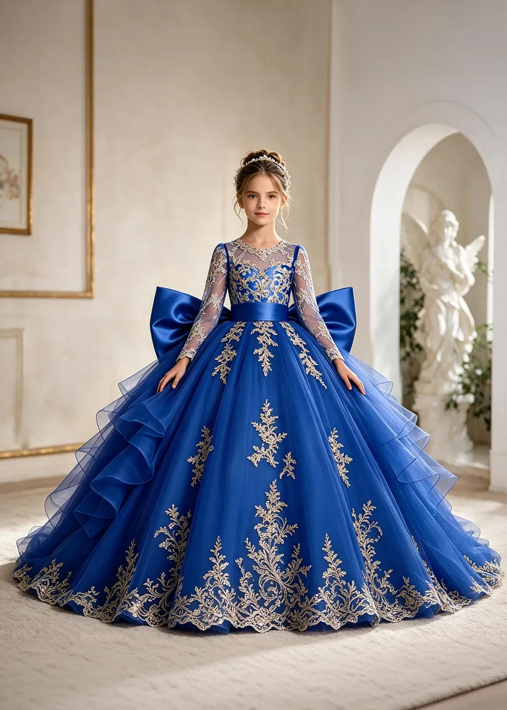 Navy Blue Gold Lace Flower Girl Gown with Ruffles and Long Bow Tails