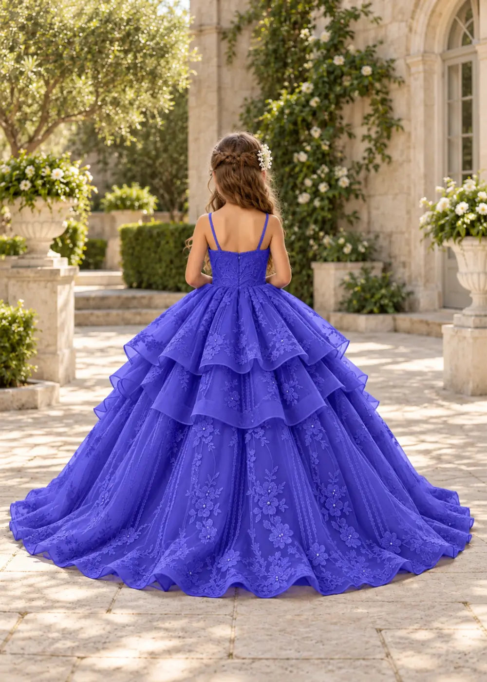 Flower girl dress in Royal Blue, back view.