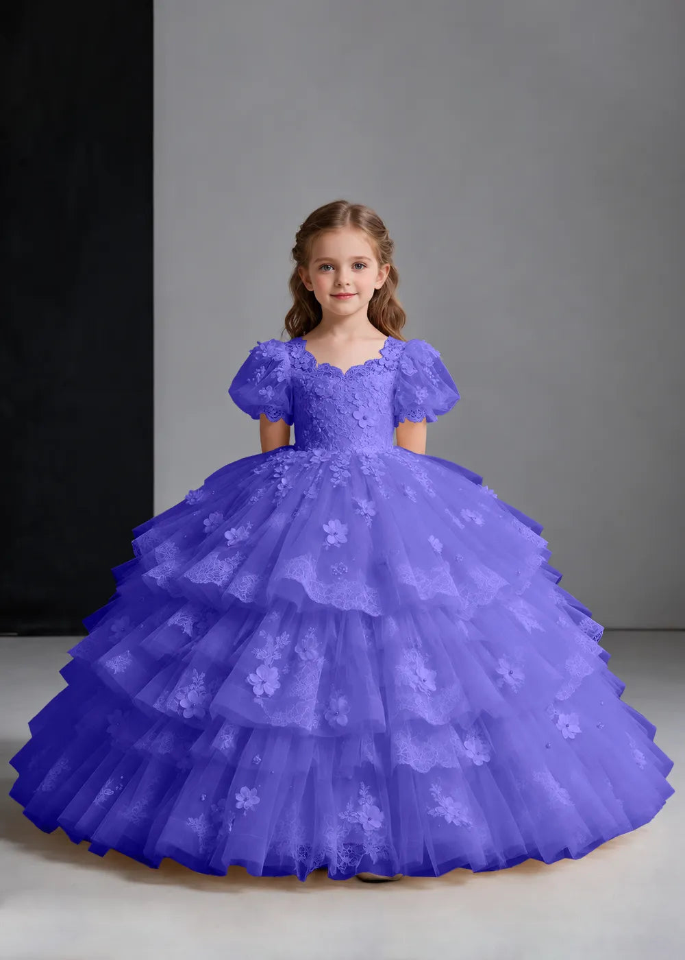Flower girl dress in Royal Blue, front view.