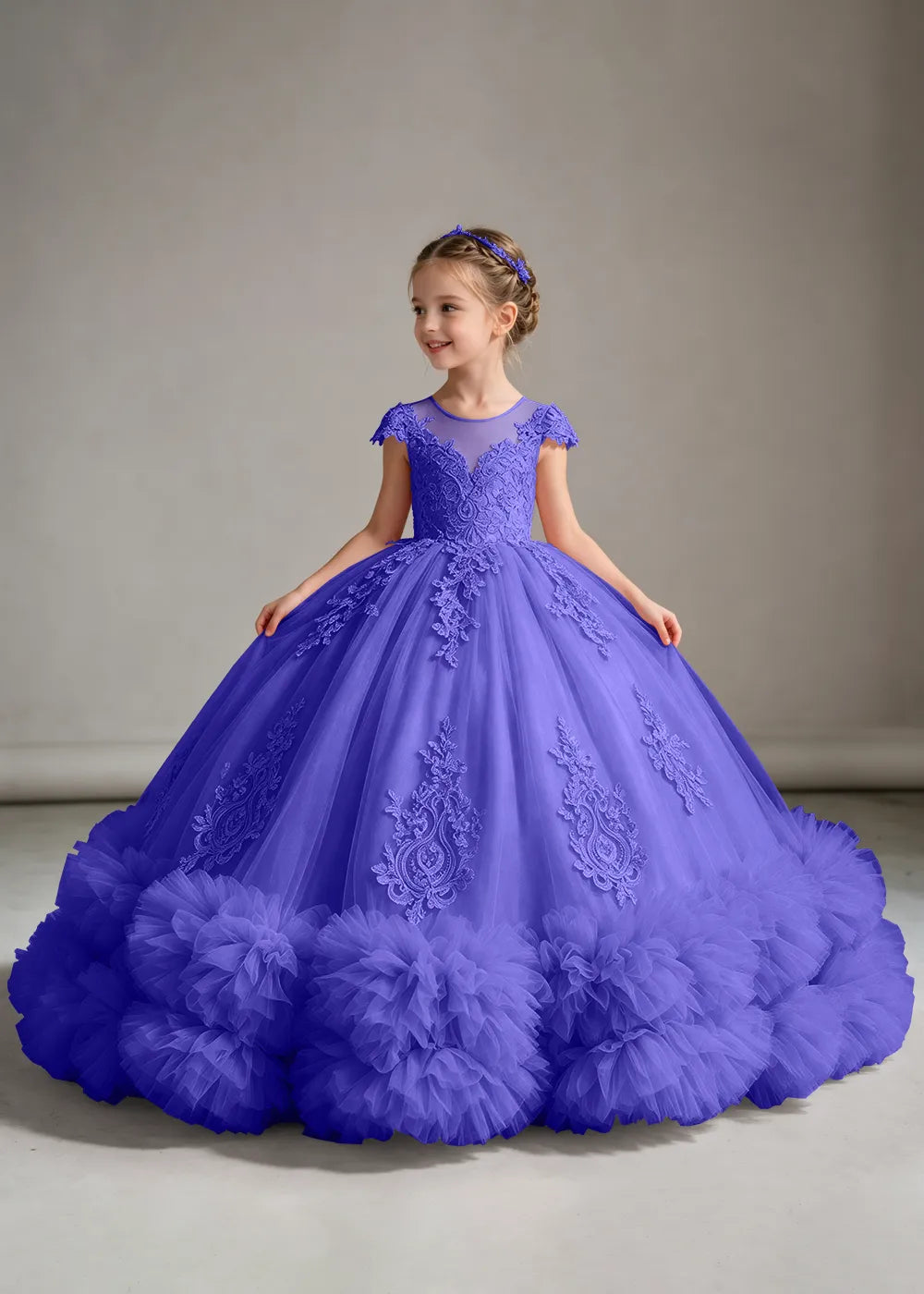Navy Flower Girl Ball Gown with Floral Bodice and Ruffle Hem