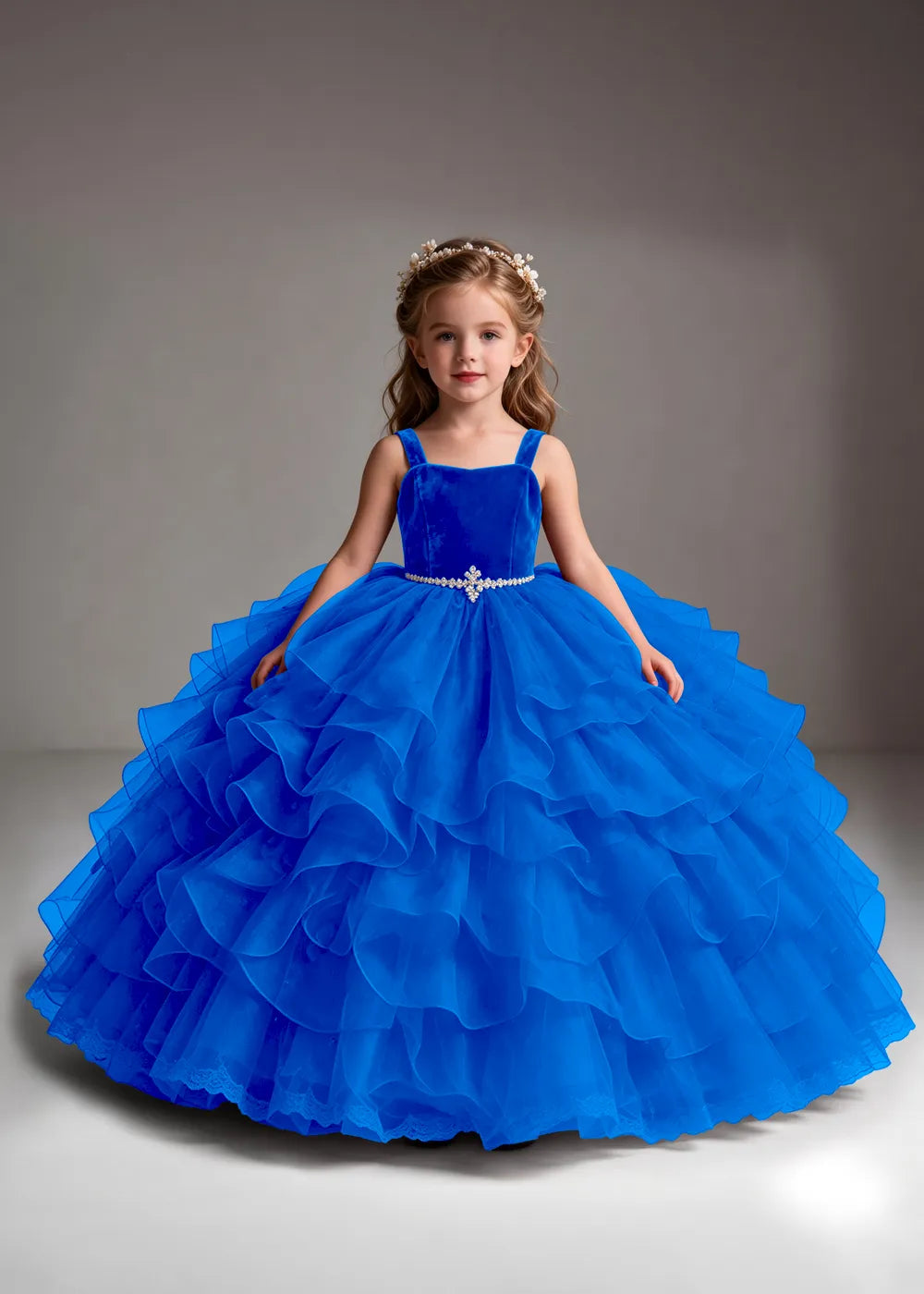 White Flower Girl Dress with Cascading Ruffles and a Square Neckline