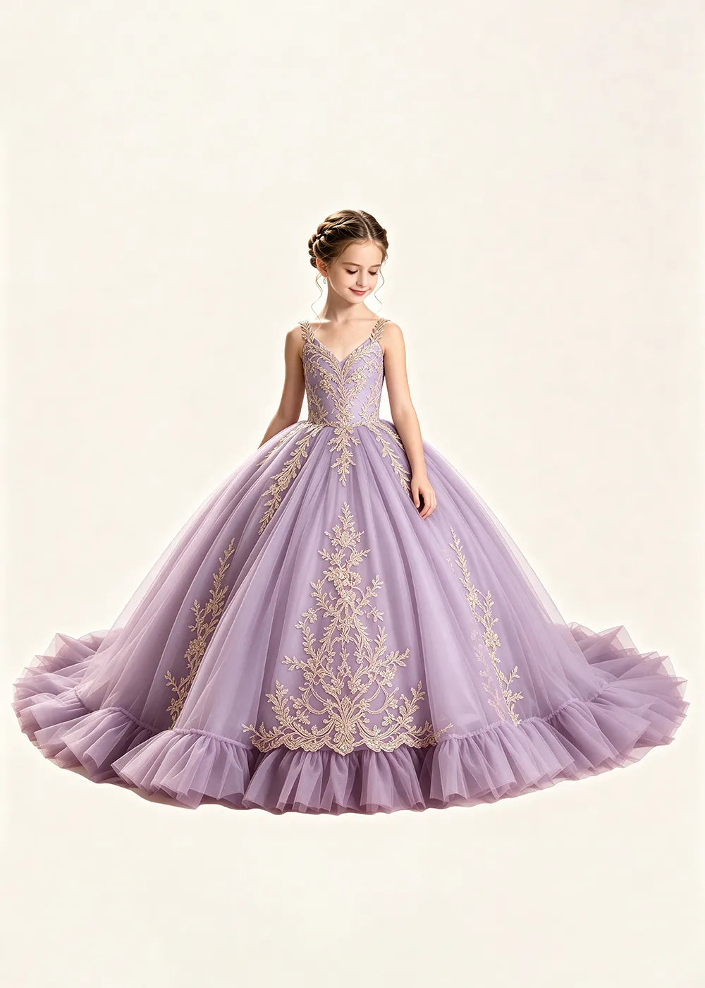 Gold Appliqué V-Neck Flower Girl Ball Gown Dress