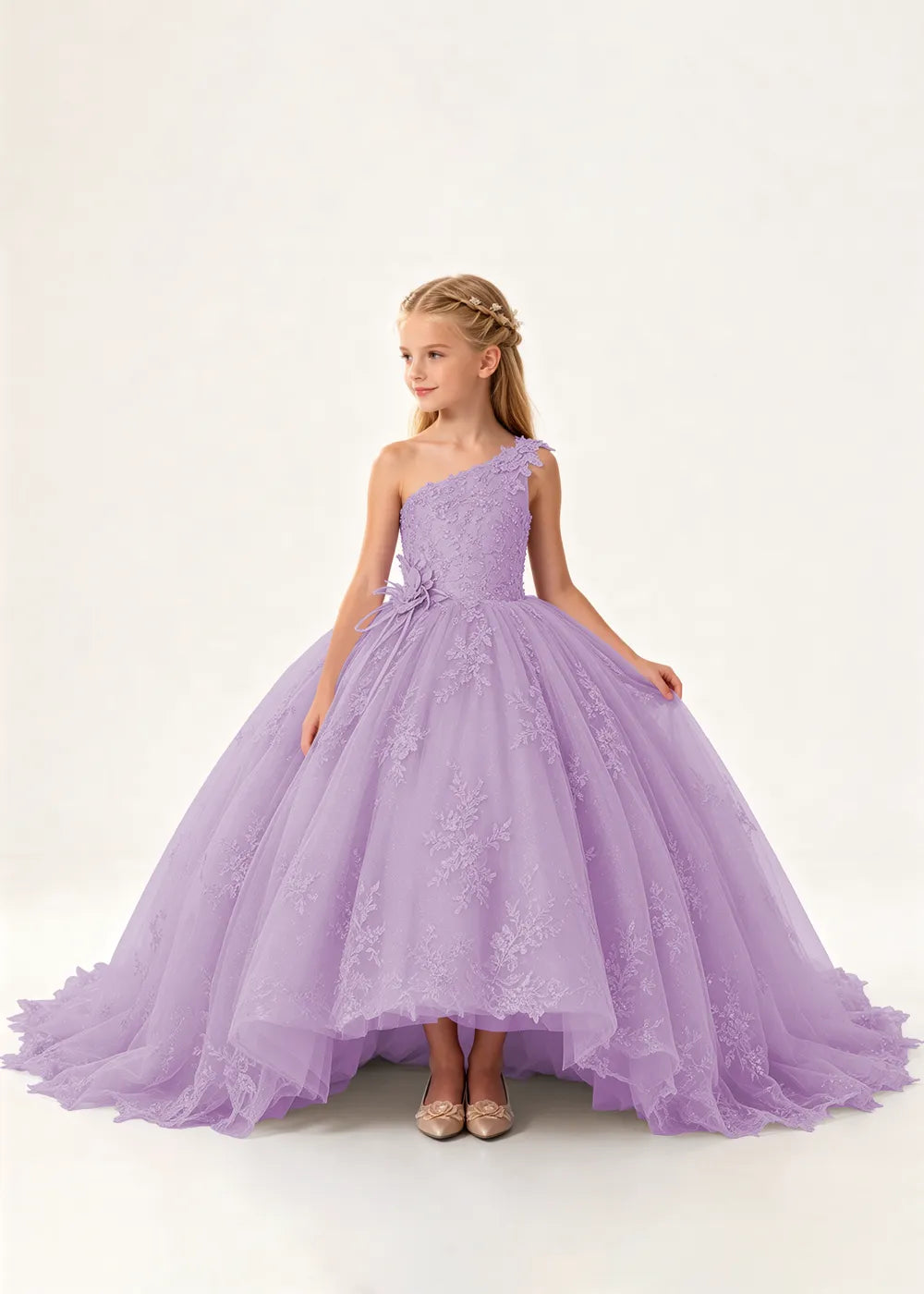 One-Shoulder High-Low Lace Flower Girl Ball Gown Dress