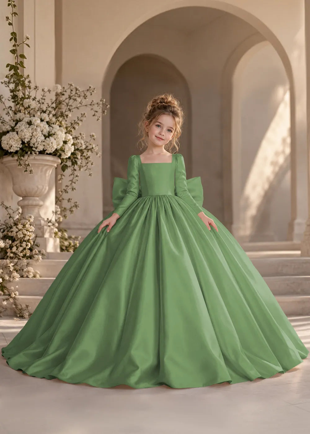 Ivory Long-Sleeve Flower Girl Dress with a Square Neckline and Bow