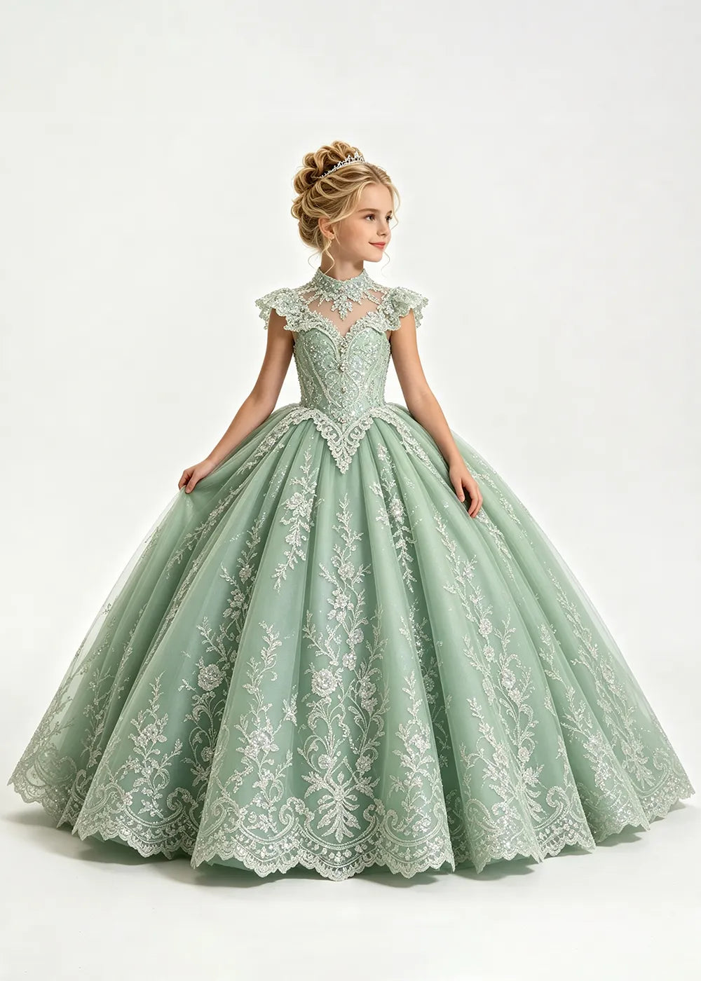 Pale Silver-Gray Blue Flower Girl Ball Gown with High Floral Collar