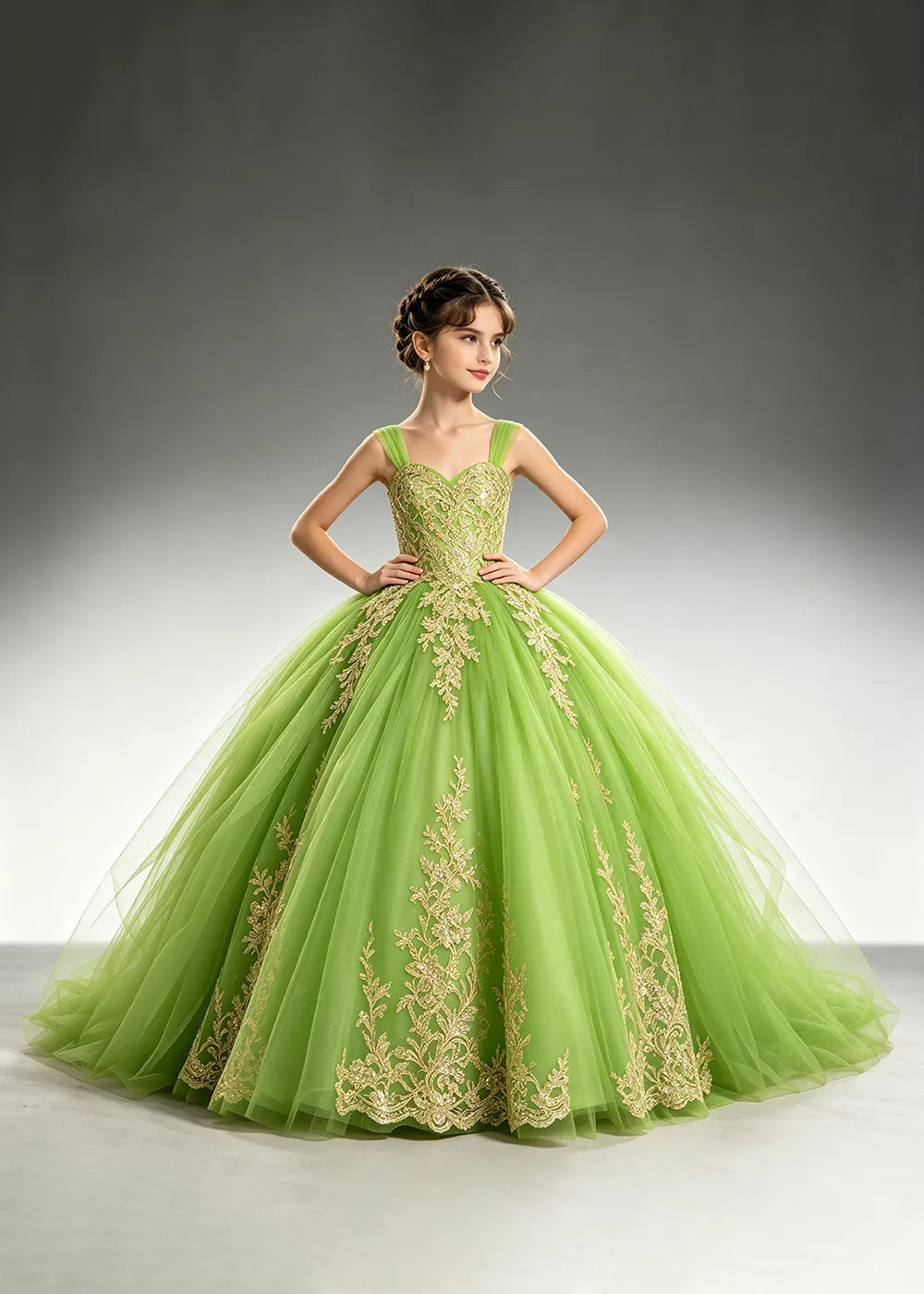 Metallic Appliqué Flower Girl Ball Gown Dress