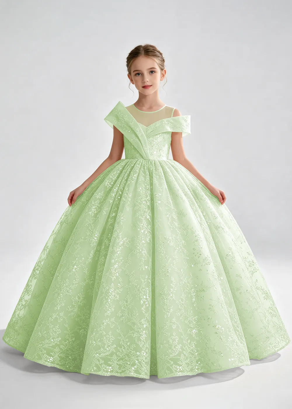 Champagne Illusion-Band Floral Flower Girl Dress