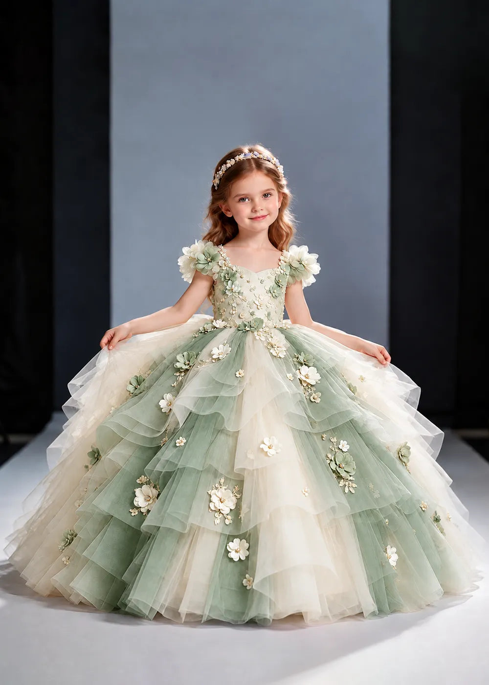 Sage Green and Ivory Flower Girl Dress with Petal Sleeves and Ruffles