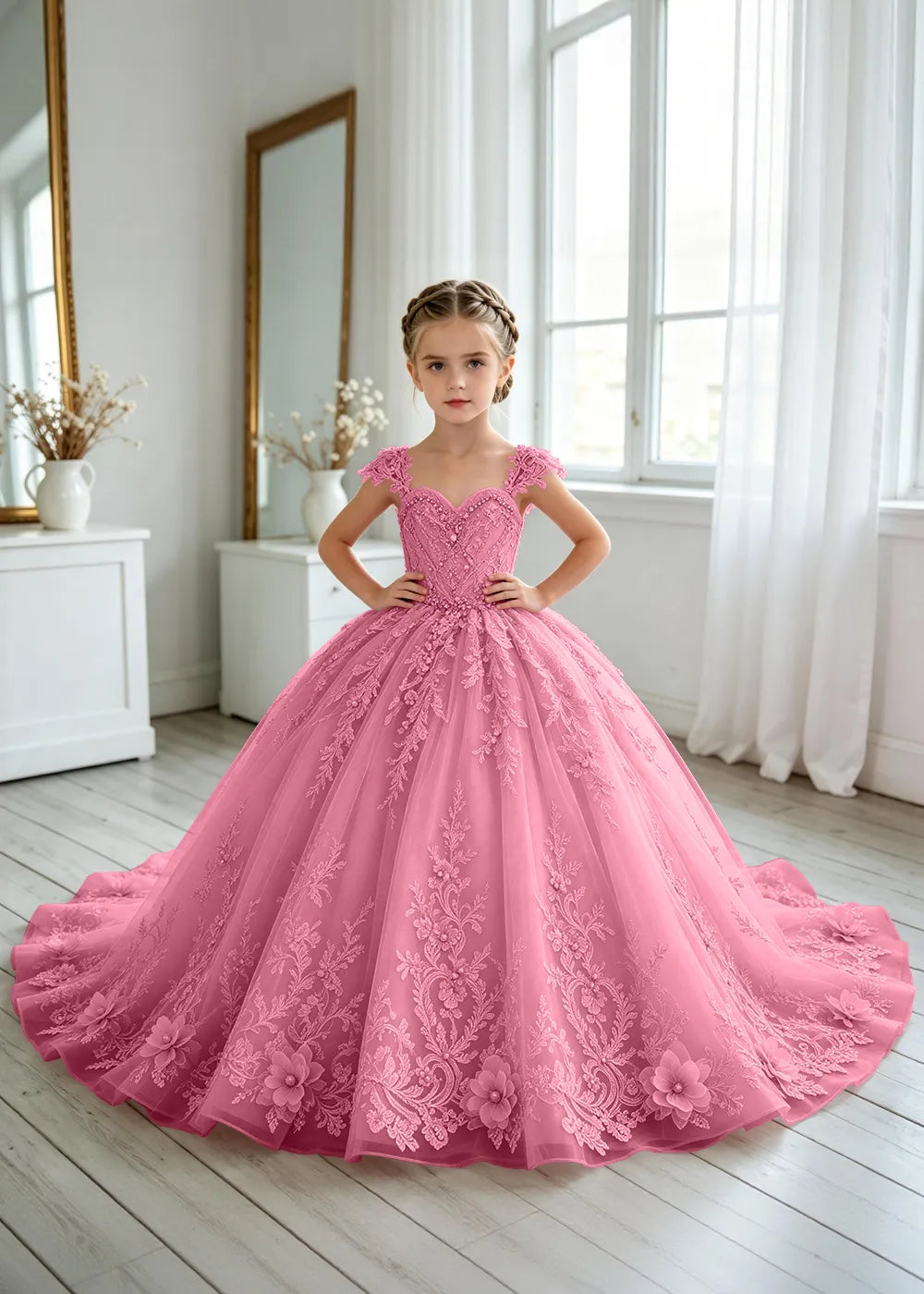 Floral V-Neck Lace Flower Girl Ball Gown Dress