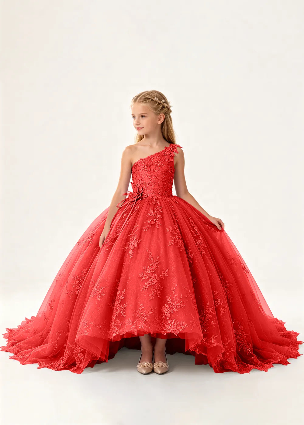 One-Shoulder High-Low Lace Princess Dress for Girls