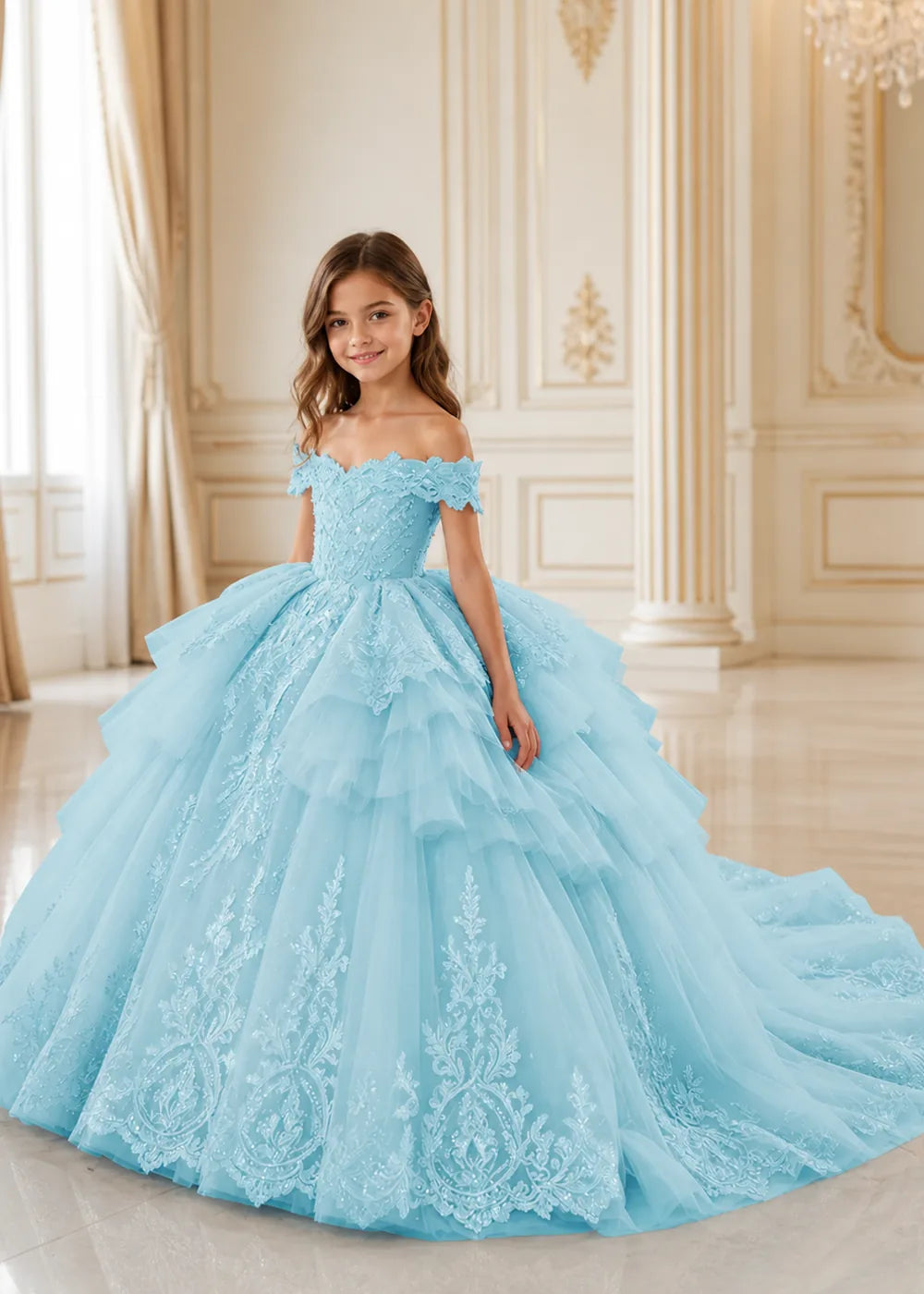 Ruffled Off Shoulder Lace Princess Dress for Girls
