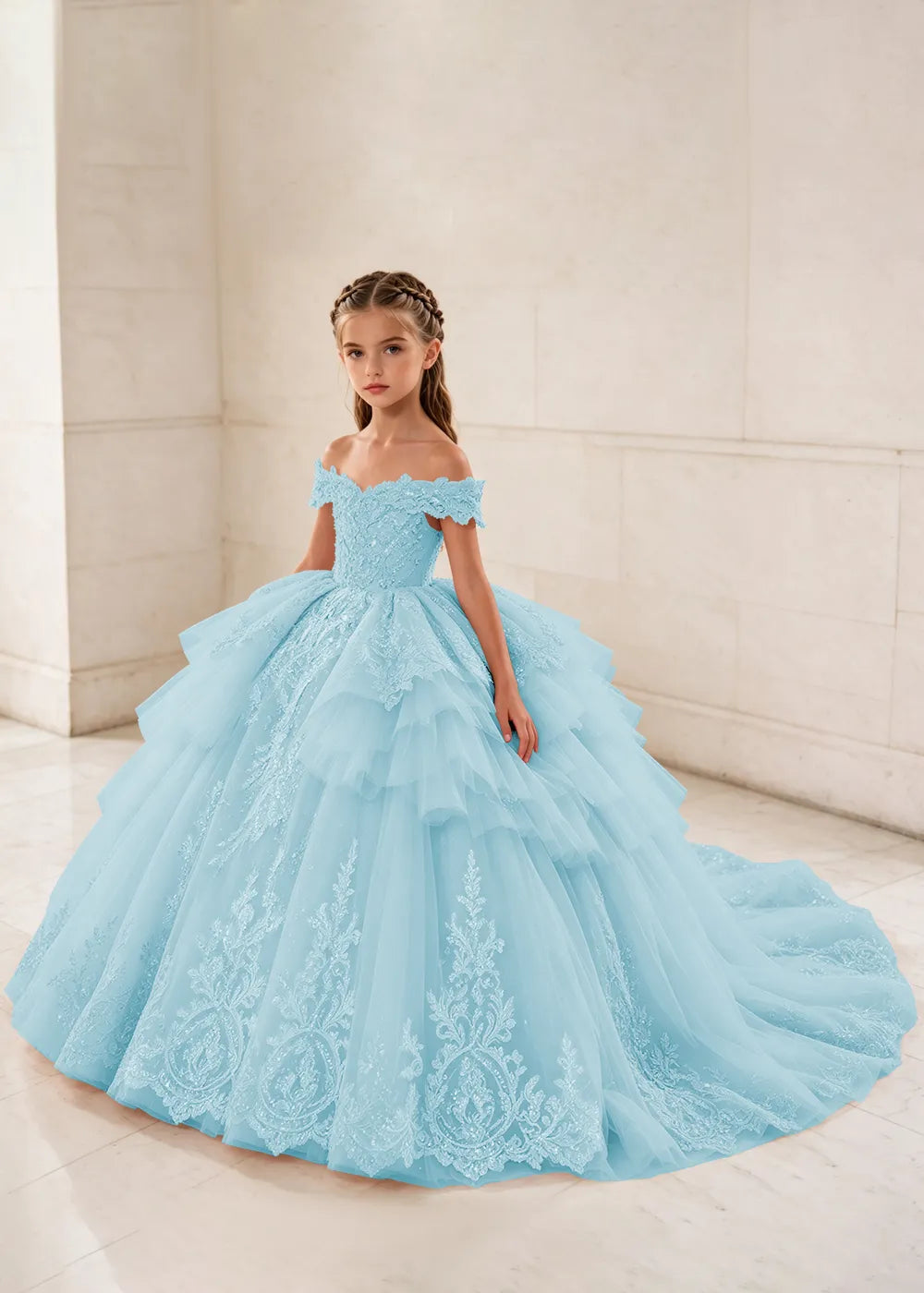 Ruffled Off Shoulder Lace Princess Dress for Girls