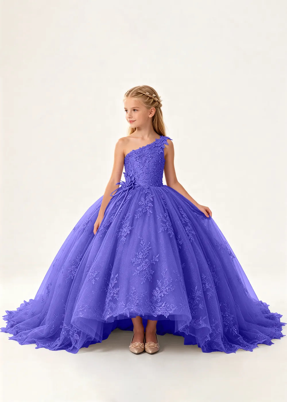 One-Shoulder High-Low Lace Princess Dress for Girls