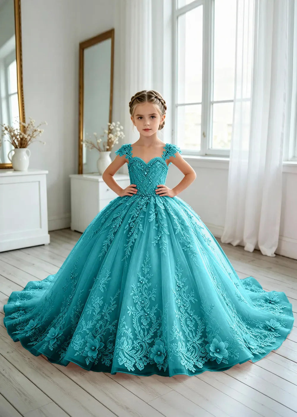 Floral V-Neck Lace Flower Girl Ball Gown Dress