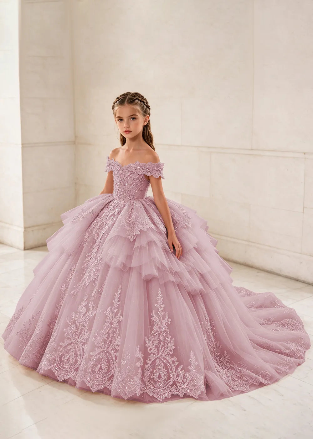 Ruffled Off Shoulder Lace Princess Dress for Girls