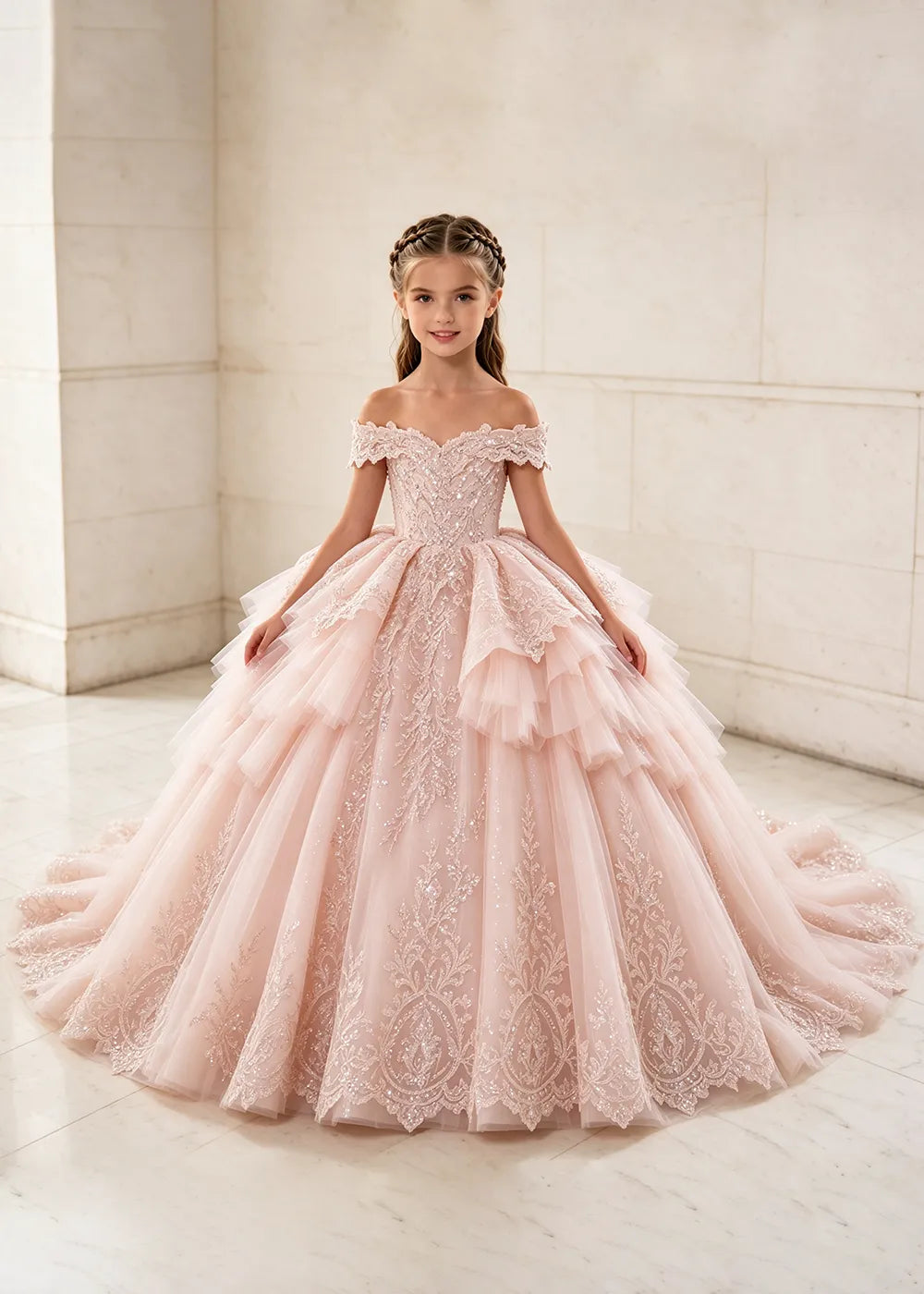 Ruffled Off Shoulder Lace Flower Girl Ball Gown Dress