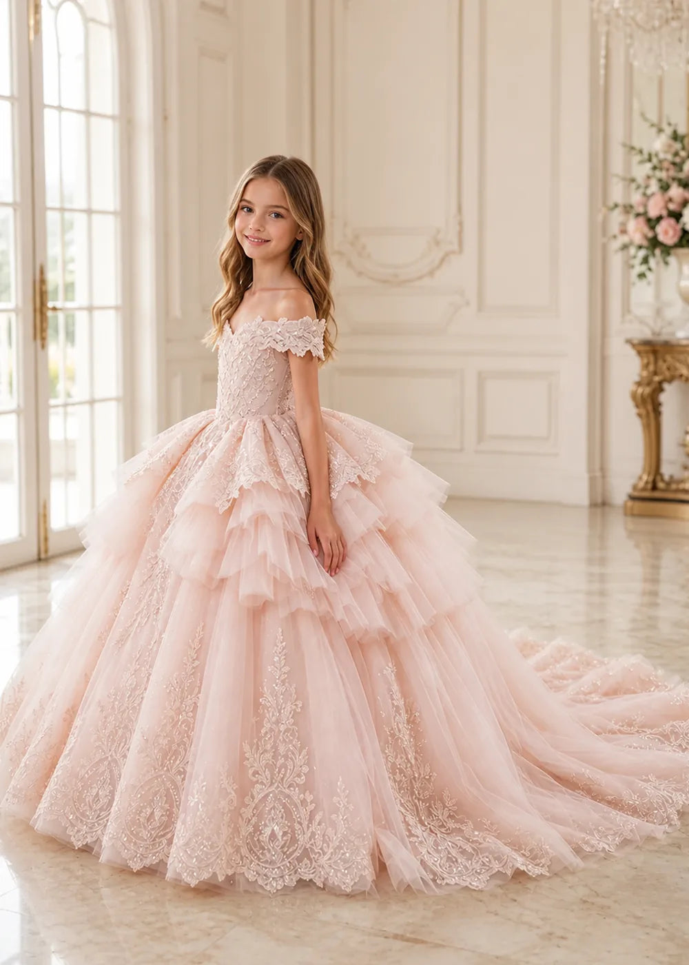 Ruffled Off Shoulder Lace Flower Girl Ball Gown Dress