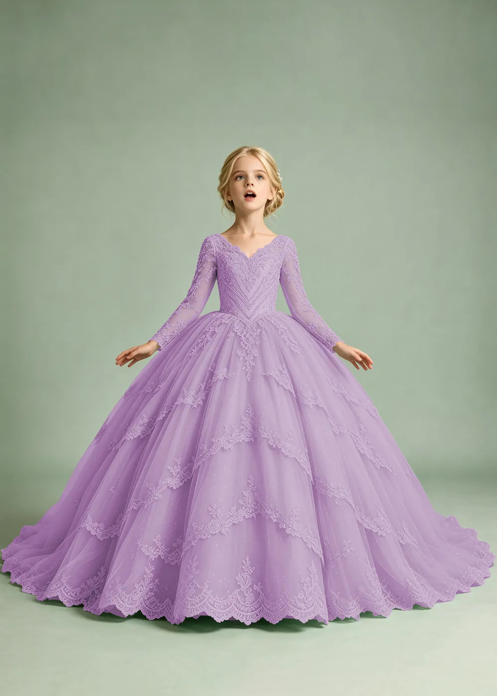 Long Sleeve Floral Lace Flower Girl Ball Gown Dress