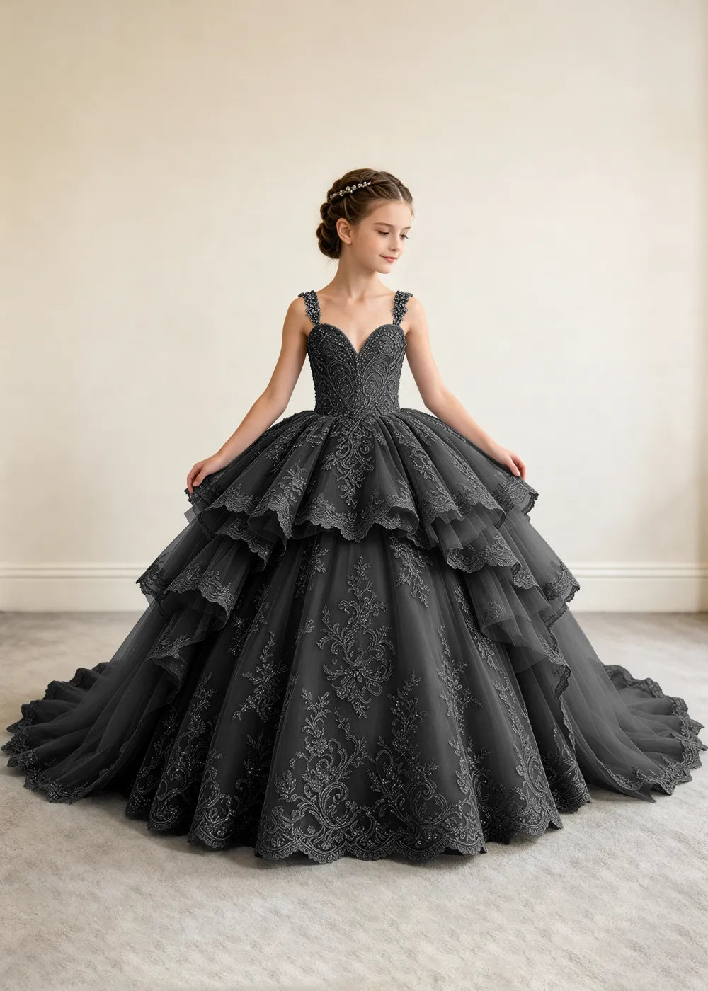V-Neck Tiered Lace Princess Dress for Girls